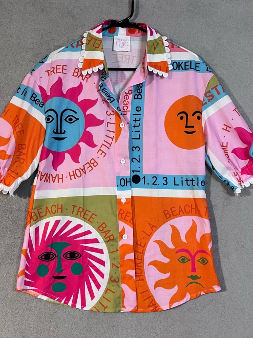 Colorblock Sun Graphic Button-Up Hawaiian Shirt Womens Sz S Lightweight